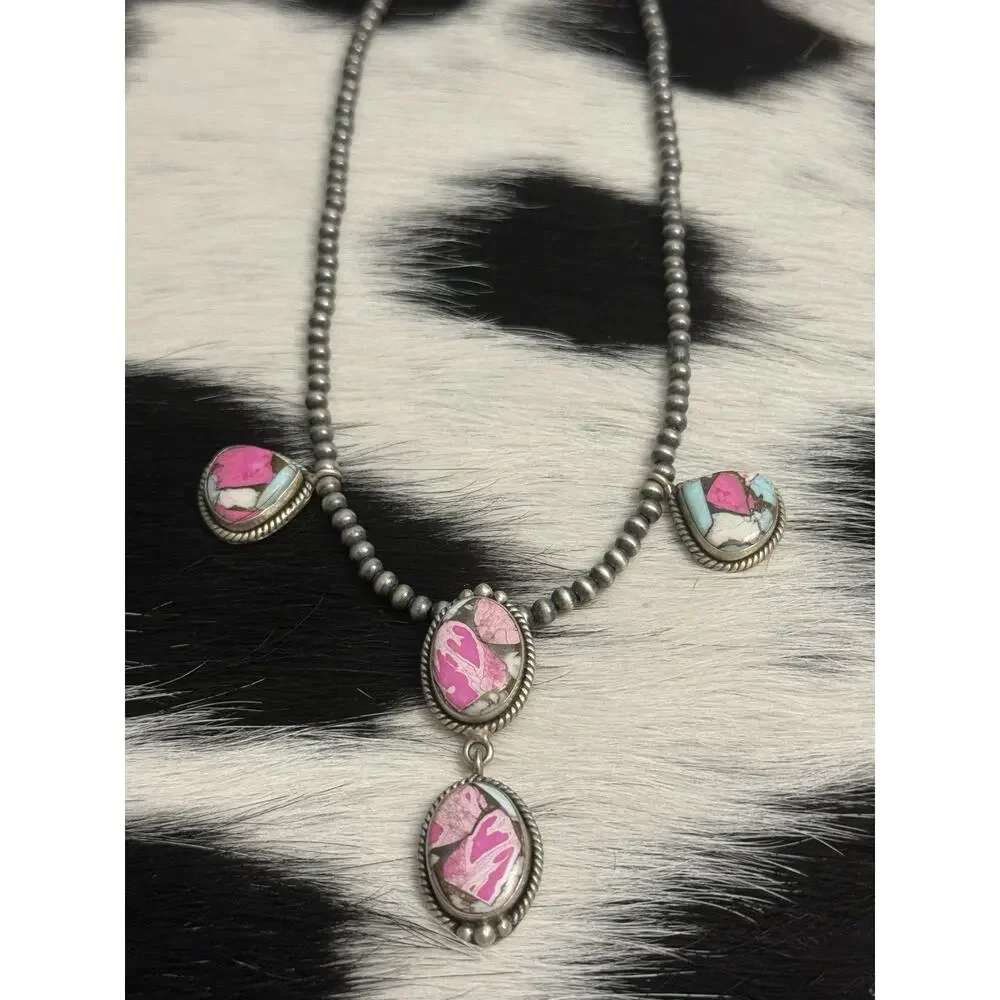 Native American 4mm Navajo Pearl Sterling Silver Cotton Candy Turquoise Necklace